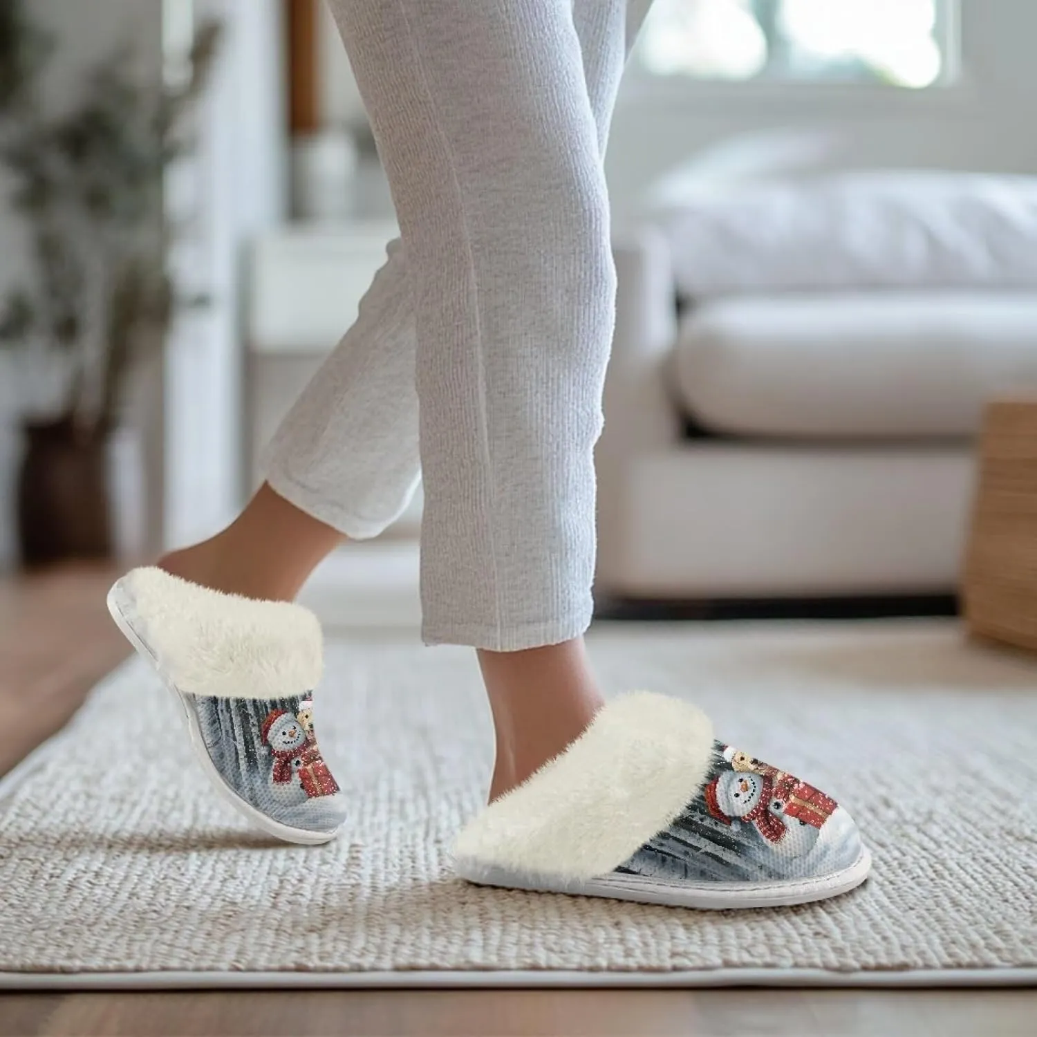 Christmas Womens Cartoon Indoor Warm Fleece Slippers Winter Soft Cozy Home Non-Slip Plush Slip-on Shoes