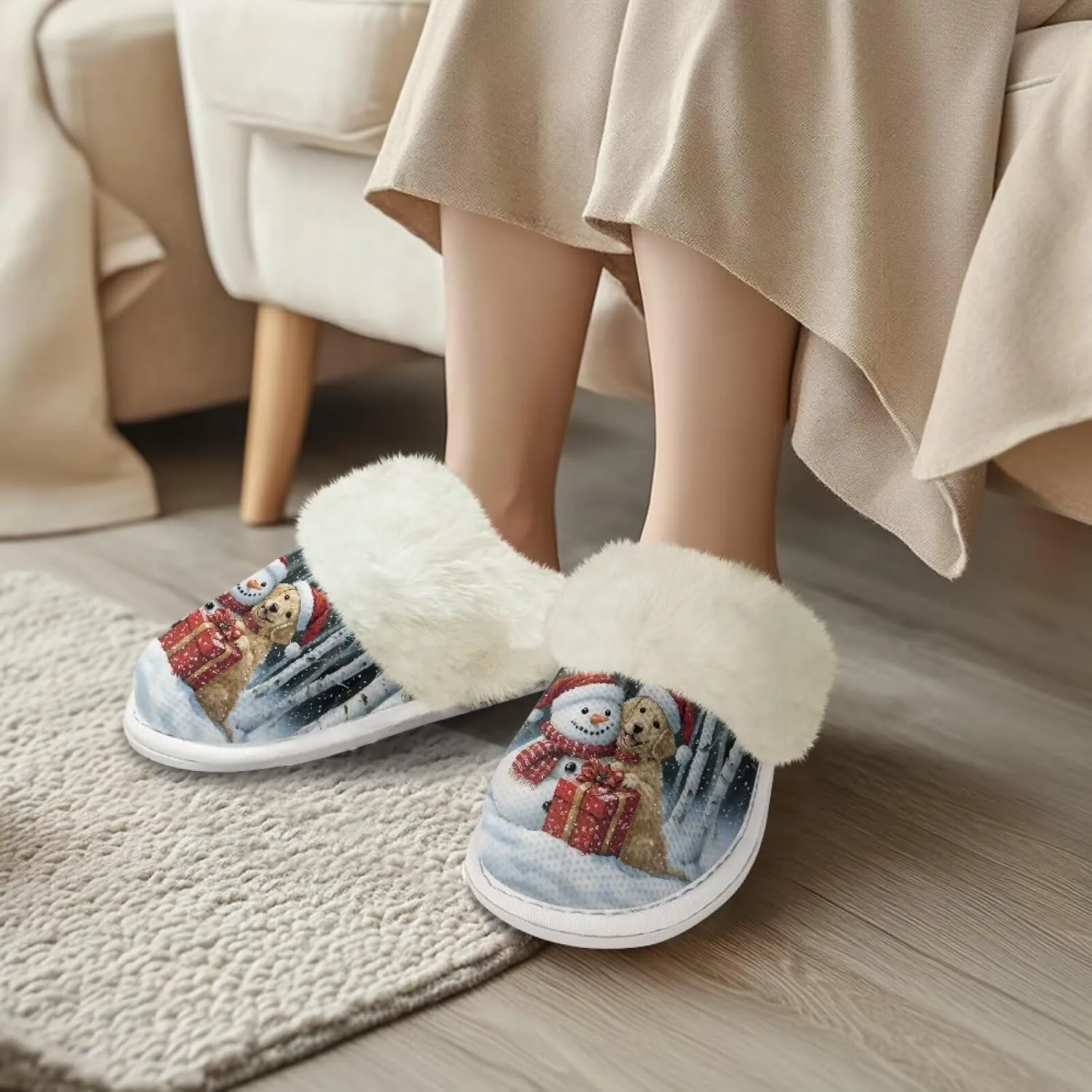 Christmas Womens Cartoon Indoor Warm Fleece Slippers Winter Soft Cozy Home Non-Slip Plush Slip-on Shoes