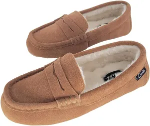 Clarks Women's Penny Loafers Moccasin Slippers, LB0905 - Indoor/Outdoor Close Back Slip-Ons with Faux Fur Lining & Non-Slip Outsole - Ladies Casual Boat Shoes for Driving Lounging & More, Cognac, 9