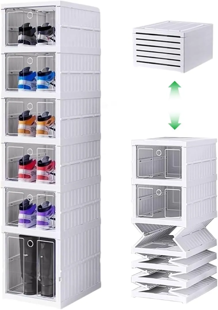 Clear Plastic Shoe Storage Boxes Stackable, X-Large Shoe Organizer for Closet, Sneaker Shoe Containers, Collapsible Shoe Case for Boot, Drop Front Open Shoe Bin, Easy Assembly, 6 Grids