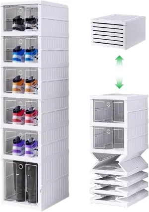 Clear Plastic Shoe Storage Boxes Stackable, X-Large Shoe Organizer for Closet, Sneaker Shoe Containers, Collapsible Shoe Case for Boot, Drop Front Open Shoe Bin, Easy Assembly, 6 Grids