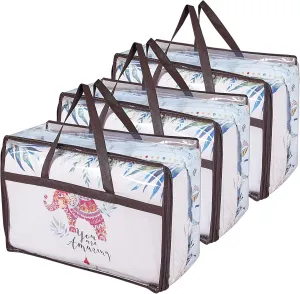 Clear Zippered Storage Bags (3-Pack) Closet Organizer Vinyl Bag for Bedding, Linen, Blankets, Duvet Covers, Comforters, Clothes, Toys | Multi Purpose & Space Saver PVC Organizers, 55 L, Brown