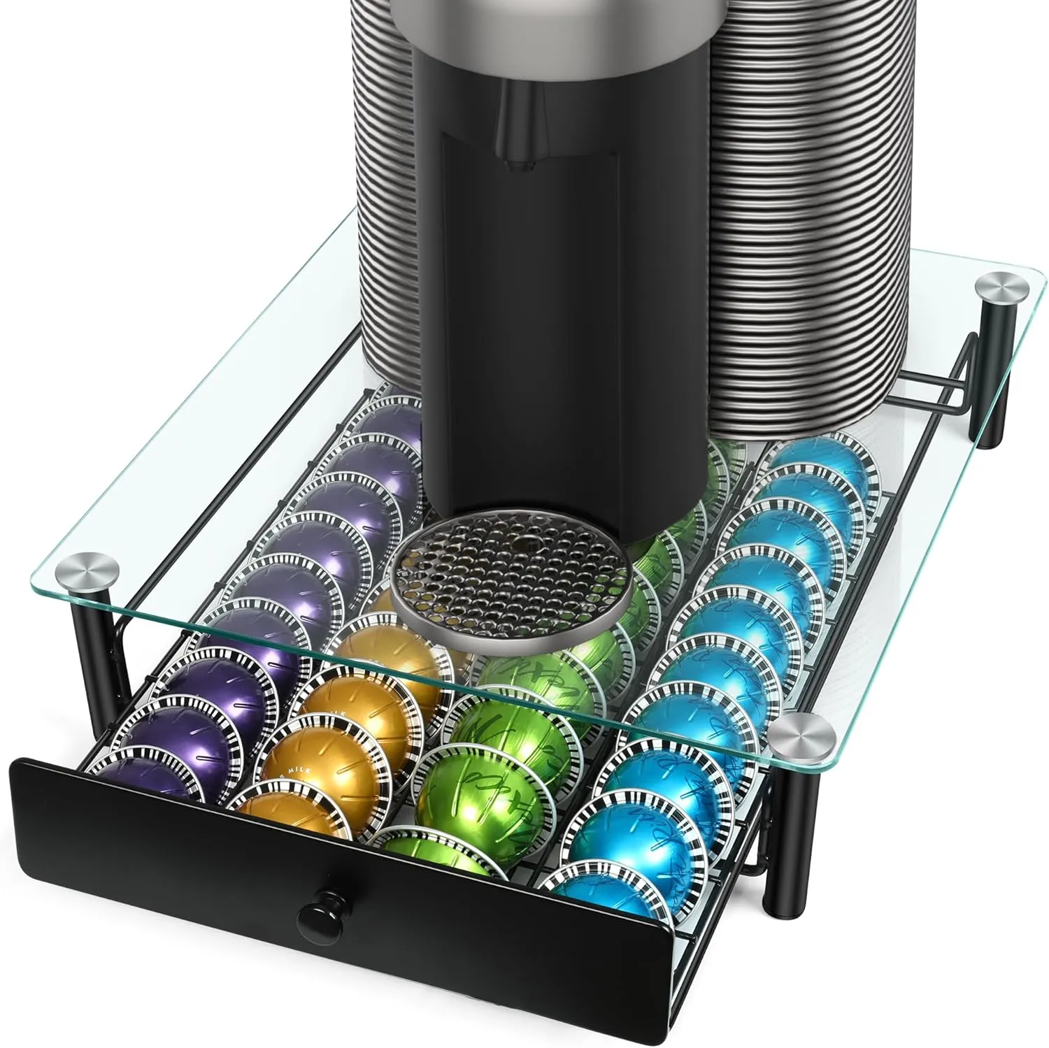 Coffee Pod Drawers, Crystal Tempered Glass Pod Holder Drawer Compatible with Nespresso Capsules, Holds Up to 40 Capsules, Size 13"x14.7"x3.5"