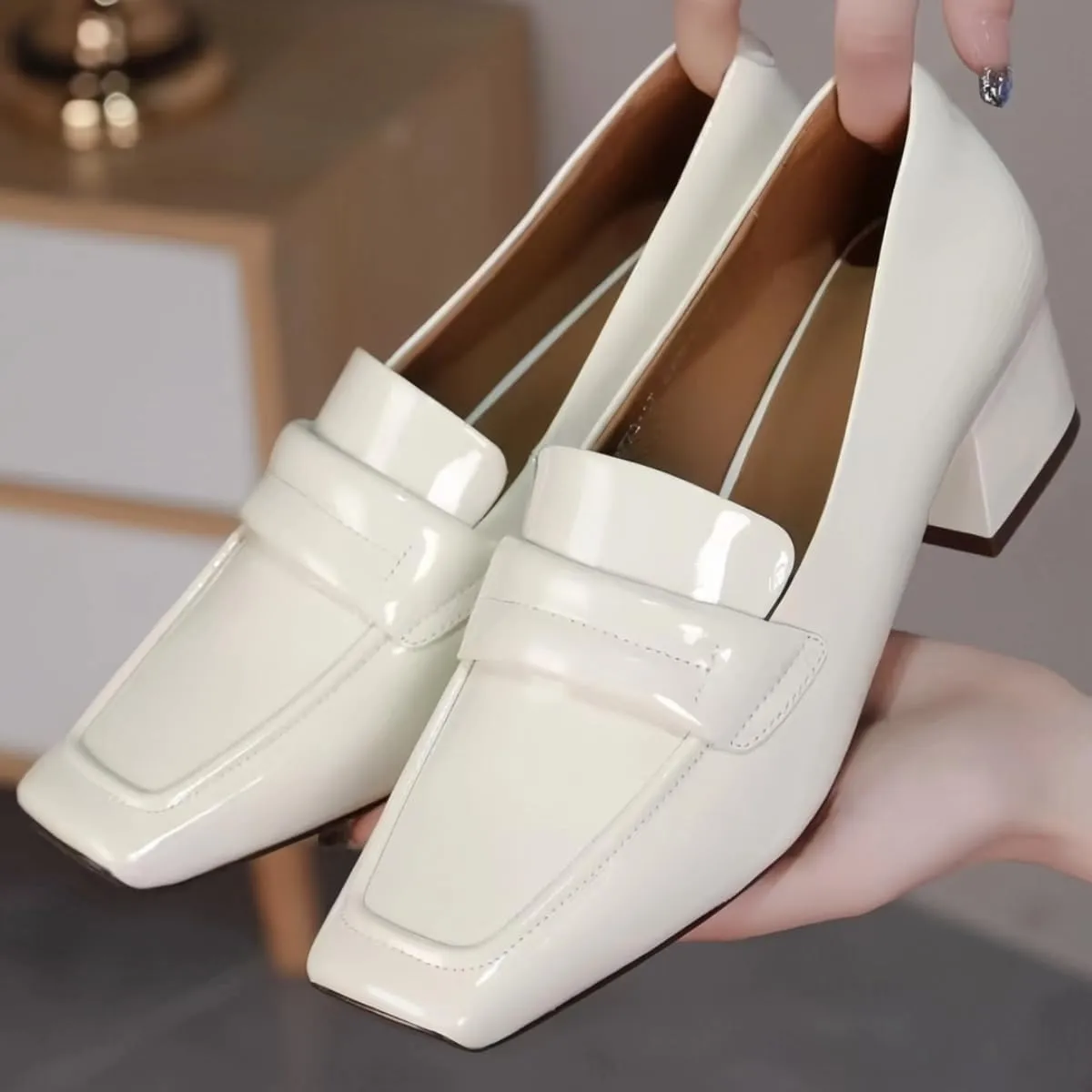 Comfort Women's Loafers Square Toe Patent Leather Waterproof Platforms Chunky Block Heels for Women Office Dress Casual Shoes