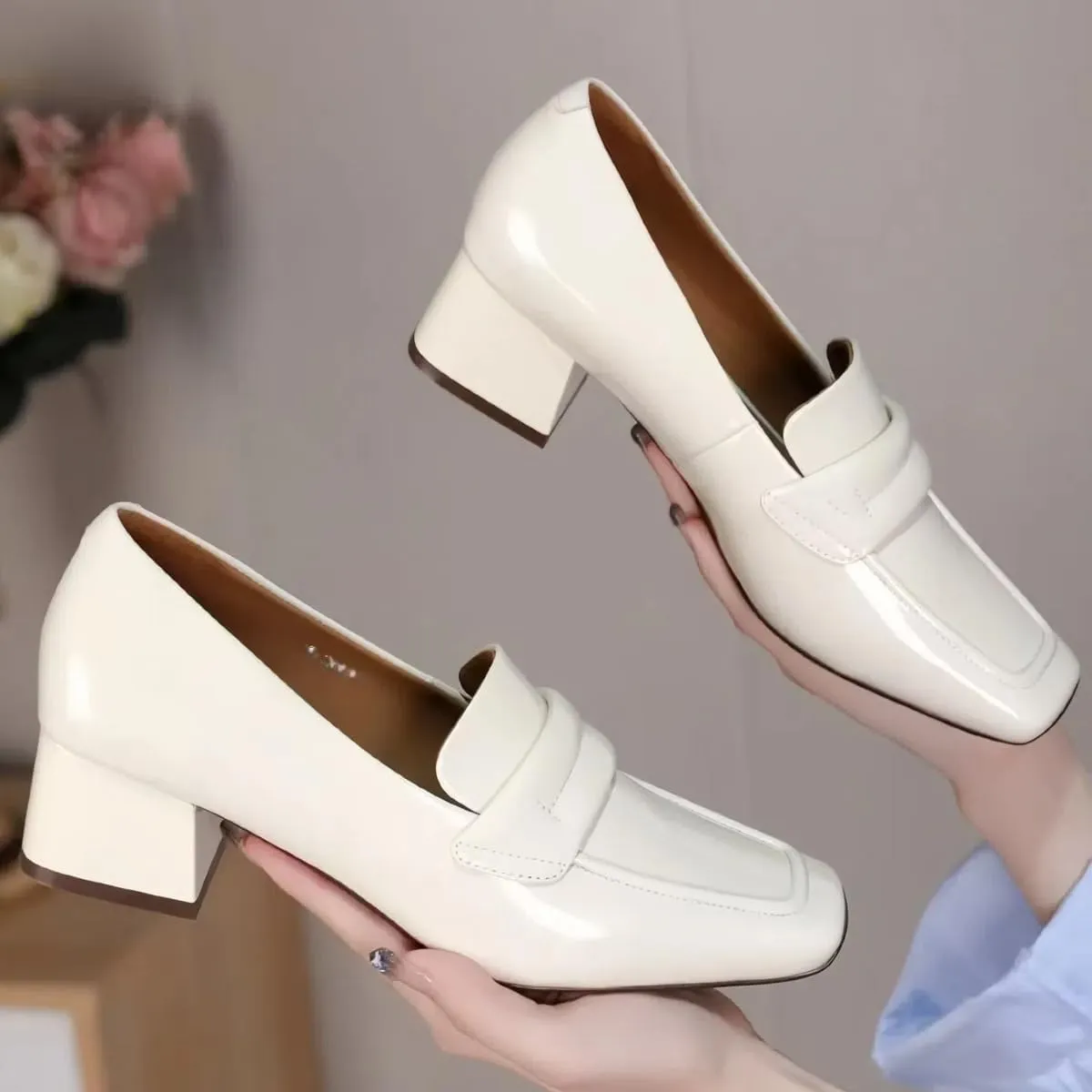 Comfort Women's Loafers Square Toe Patent Leather Waterproof Platforms Chunky Block Heels for Women Office Dress Casual Shoes
