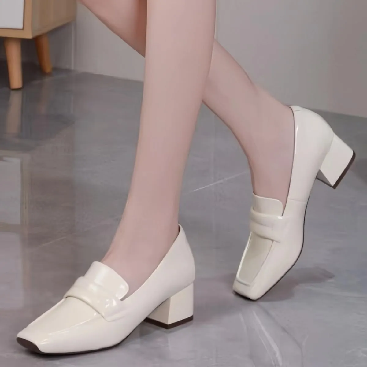 Comfort Women's Loafers Square Toe Patent Leather Waterproof Platforms Chunky Block Heels for Women Office Dress Casual Shoes