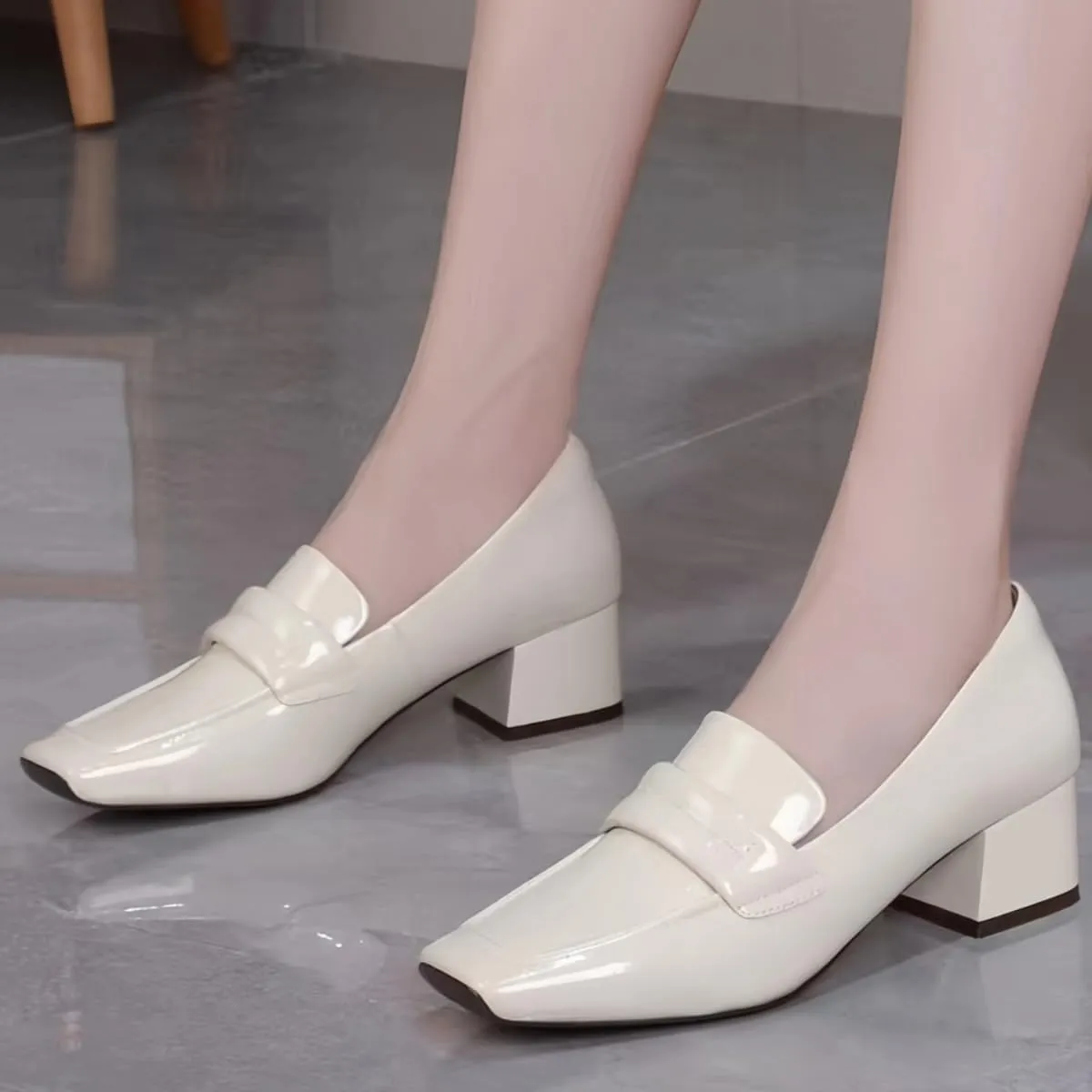 Comfort Women's Loafers Square Toe Patent Leather Waterproof Platforms Chunky Block Heels for Women Office Dress Casual Shoes