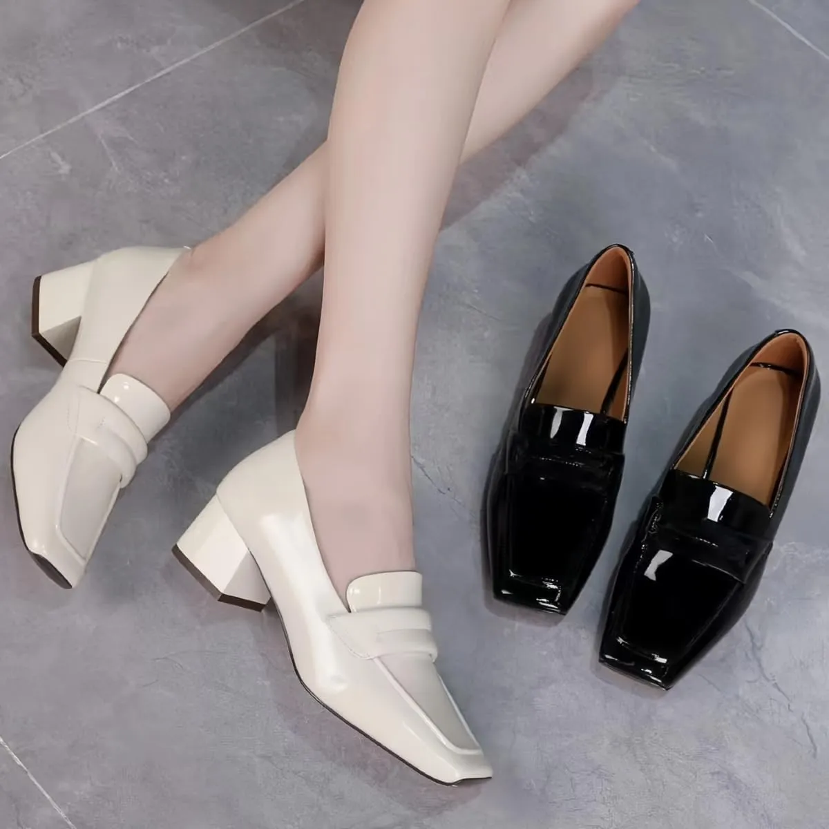 Comfort Women's Loafers Square Toe Patent Leather Waterproof Platforms Chunky Block Heels for Women Office Dress Casual Shoes