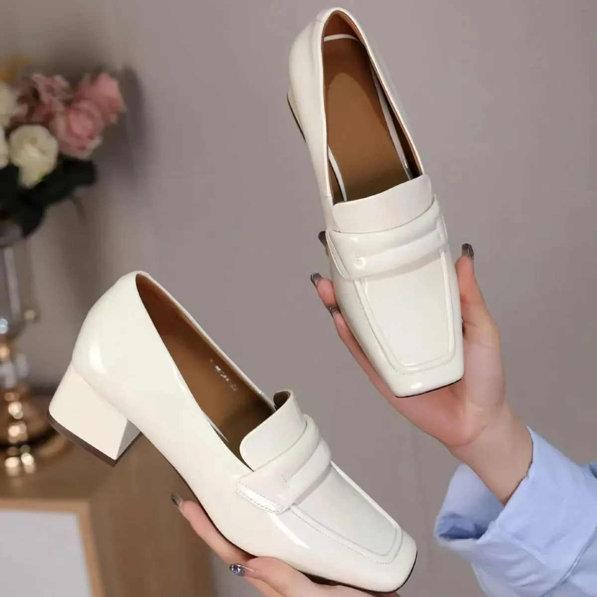 Comfort Women's Loafers Square Toe Patent Leather Waterproof Platforms Chunky Block Heels for Women Office Dress Casual Shoes