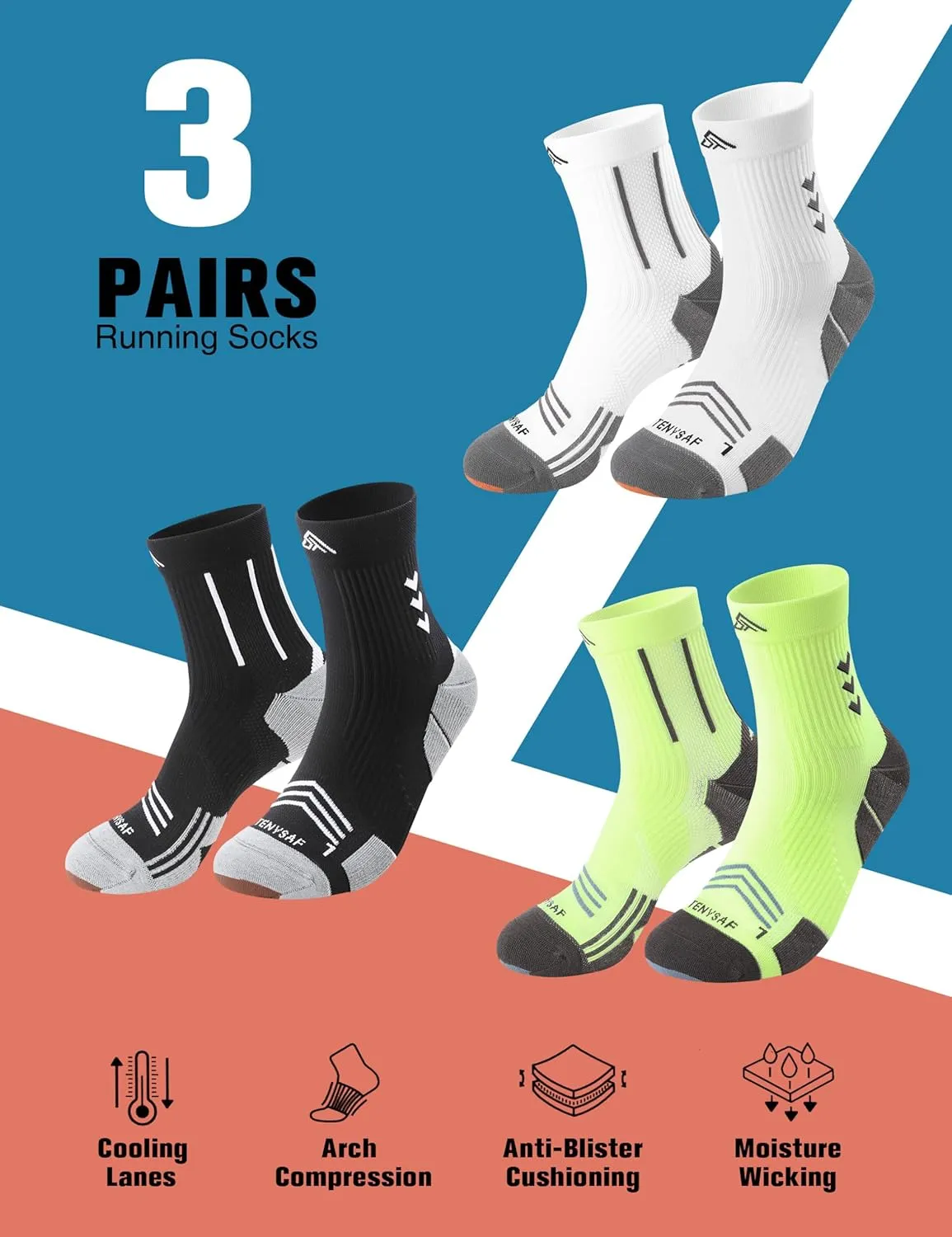 Compression Sport Running Socks: Athletic Crew Socks for Men Women Cycling Hiking Basketball Work,3 Pairs