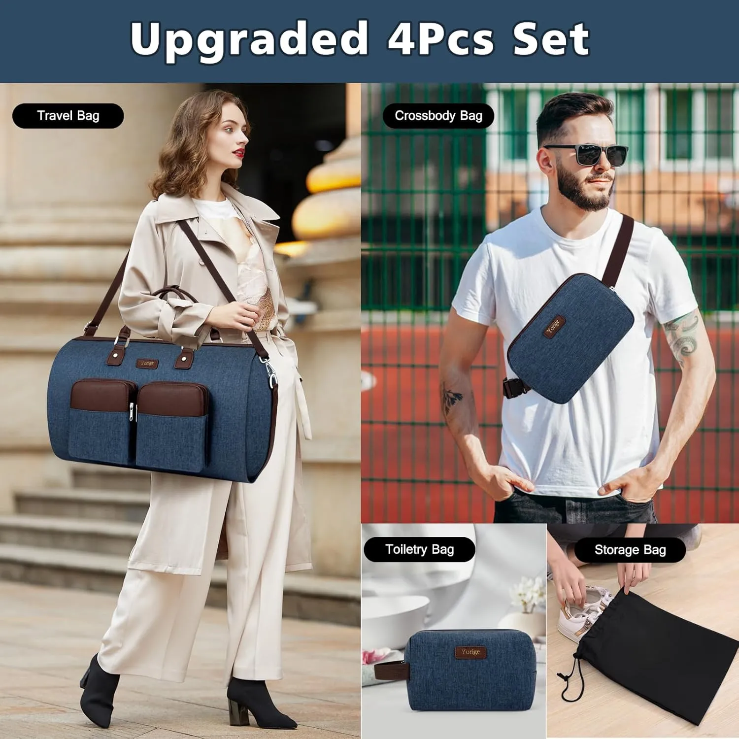 Convertible Garment Duffle Bags for Travel - Carry on Garment Bag for Men Women Large Travel Duffel Bag with Crossbody Bag 4pcs Set, 2 in 1 Hanging Suit Dress Clothes Bag Suitcase Travel Weekender Bag