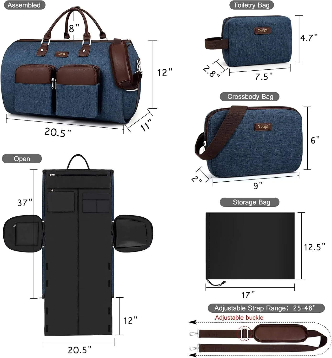 Convertible Garment Duffle Bags for Travel - Carry on Garment Bag for Men Women Large Travel Duffel Bag with Crossbody Bag 4pcs Set, 2 in 1 Hanging Suit Dress Clothes Bag Suitcase Travel Weekender Bag