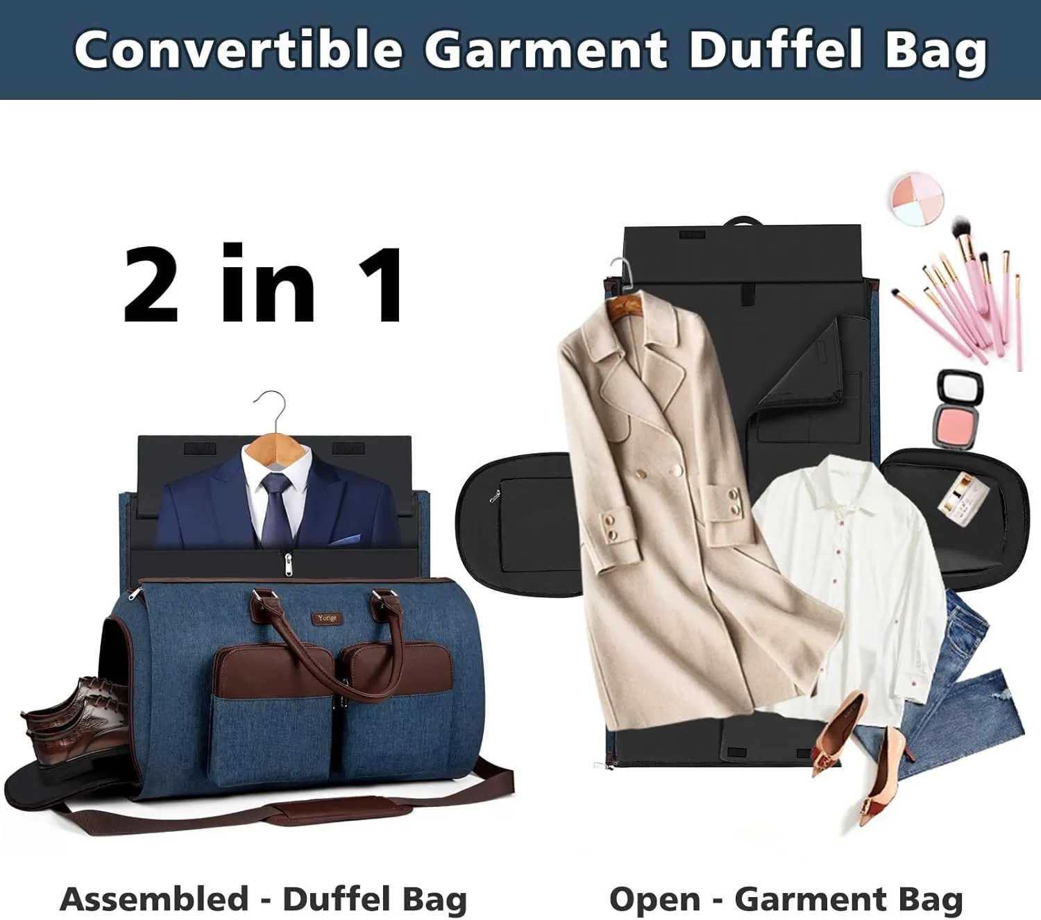 Convertible Garment Duffle Bags for Travel - Carry on Garment Bag for Men Women Large Travel Duffel Bag with Crossbody Bag 4pcs Set, 2 in 1 Hanging Suit Dress Clothes Bag Suitcase Travel Weekender Bag