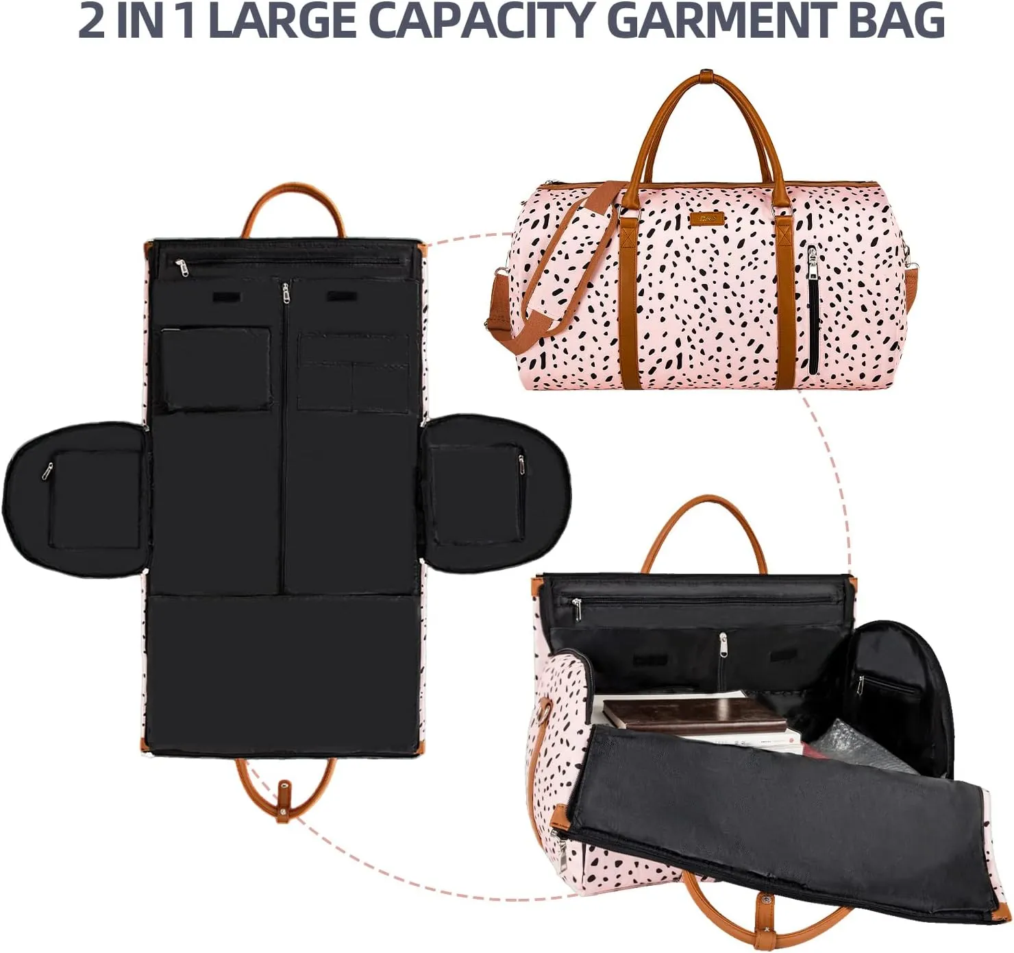Convertible Garment Duffle Bags for Travel - Carry On Garment Bags With Toiletry Bag, Large Weekender Bags for Women Men 2 in 1 Hanging Suitcase Suit Travel Duffel Bags (Pink Leopard)