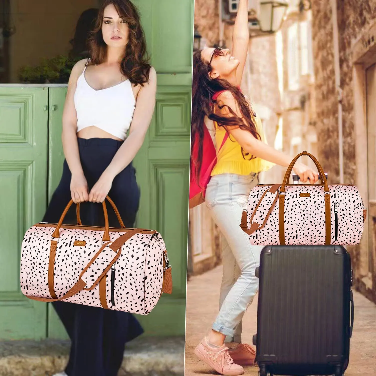 Convertible Garment Duffle Bags for Travel - Carry On Garment Bags With Toiletry Bag, Large Weekender Bags for Women Men 2 in 1 Hanging Suitcase Suit Travel Duffel Bags (Pink Leopard)
