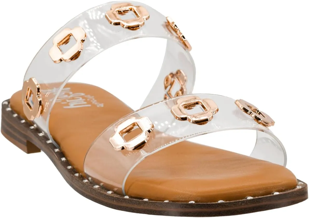 Corkys Footwear Low Tide Double Strap Sandal - Featuring Two Metal-Accented Straps, A Cushioned Insole, Studded Outsole, Easy and Convenient Slip-On design