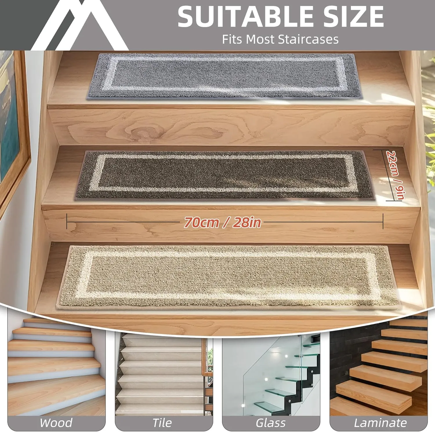 COSY HOMEER Soft Stair Treads Non-Slip Carpet Mat 28inX9in Indoor Stair Runners for Wooden Steps, Stair Rugs for Kids and Dogs, 100% Polyester TPE Backing 4pcs, Grey,Square