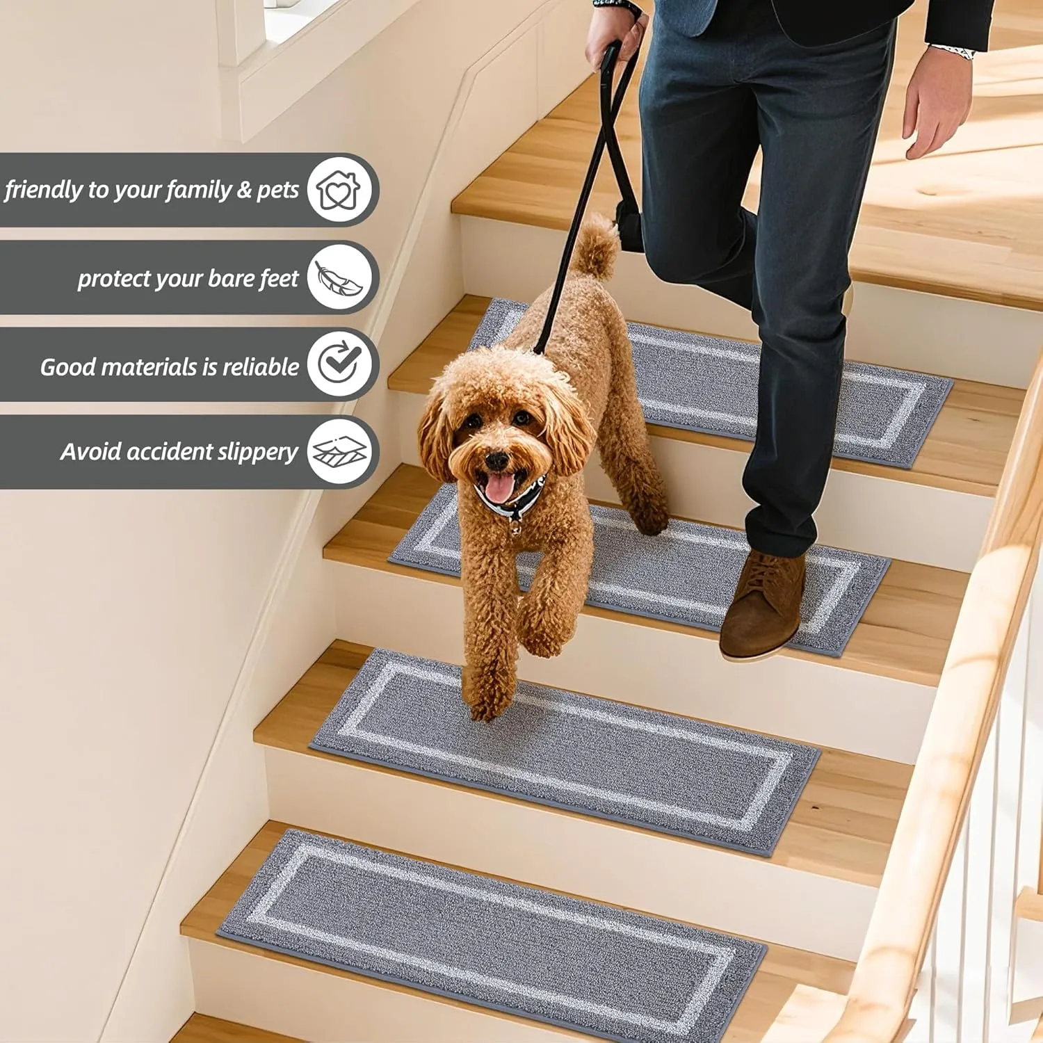 COSY HOMEER Soft Stair Treads Non-Slip Carpet Mat 28inX9in Indoor Stair Runners for Wooden Steps, Stair Rugs for Kids and Dogs, 100% Polyester TPE Backing 4pcs, Grey,Square