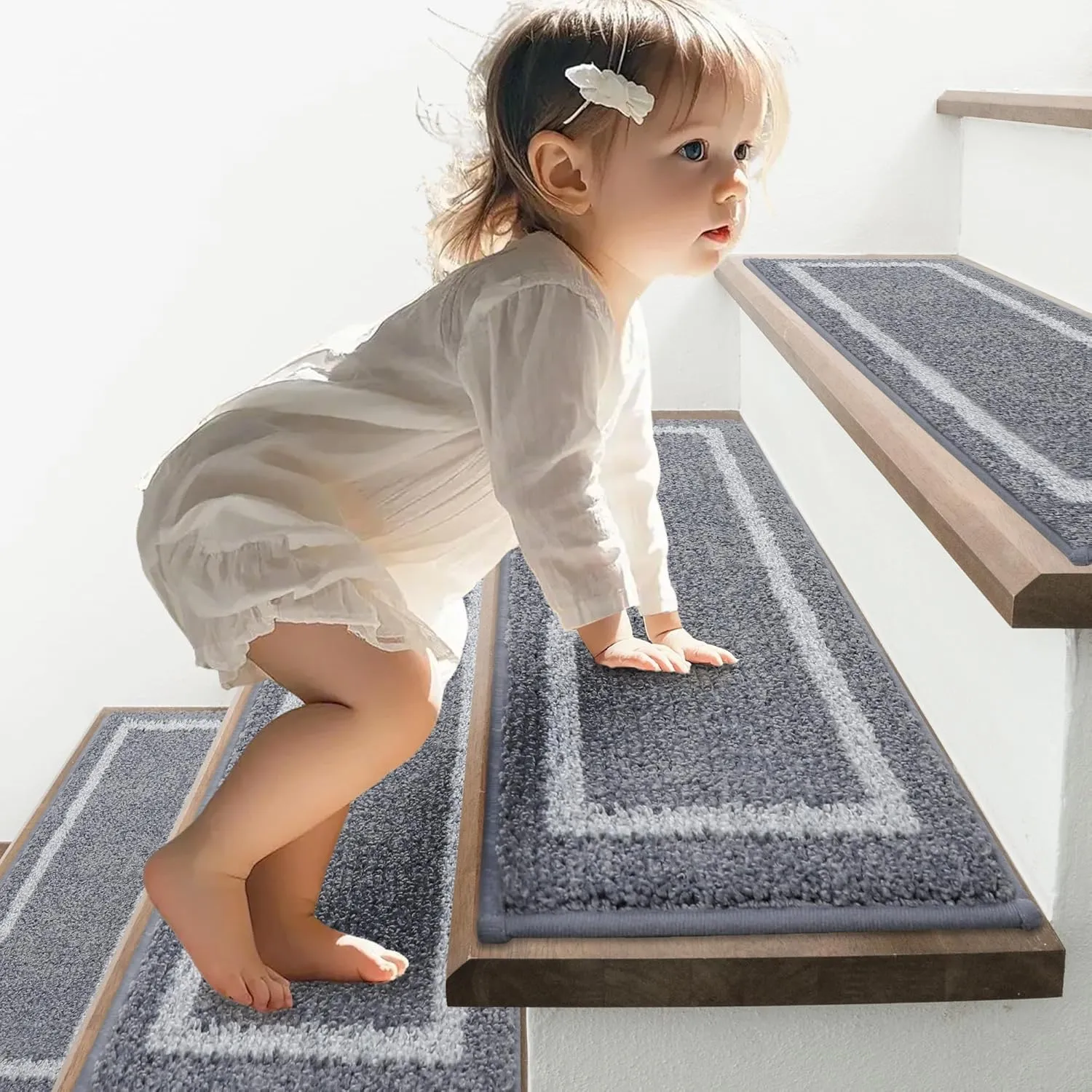 COSY HOMEER Soft Stair Treads Non-Slip Carpet Mat 28inX9in Indoor Stair Runners for Wooden Steps, Stair Rugs for Kids and Dogs, 100% Polyester TPE Backing 4pcs, Grey,Square