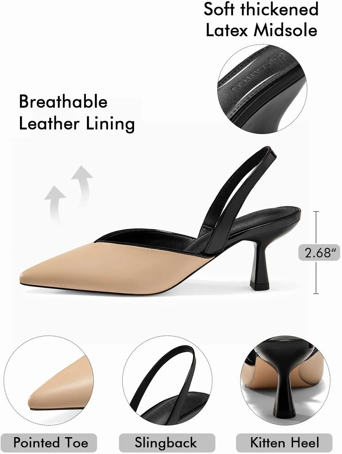 Coutgo Womens Slingback Kitten Heels Closed Pointed Toe Slip on Party Work Pumps Dress Shoes