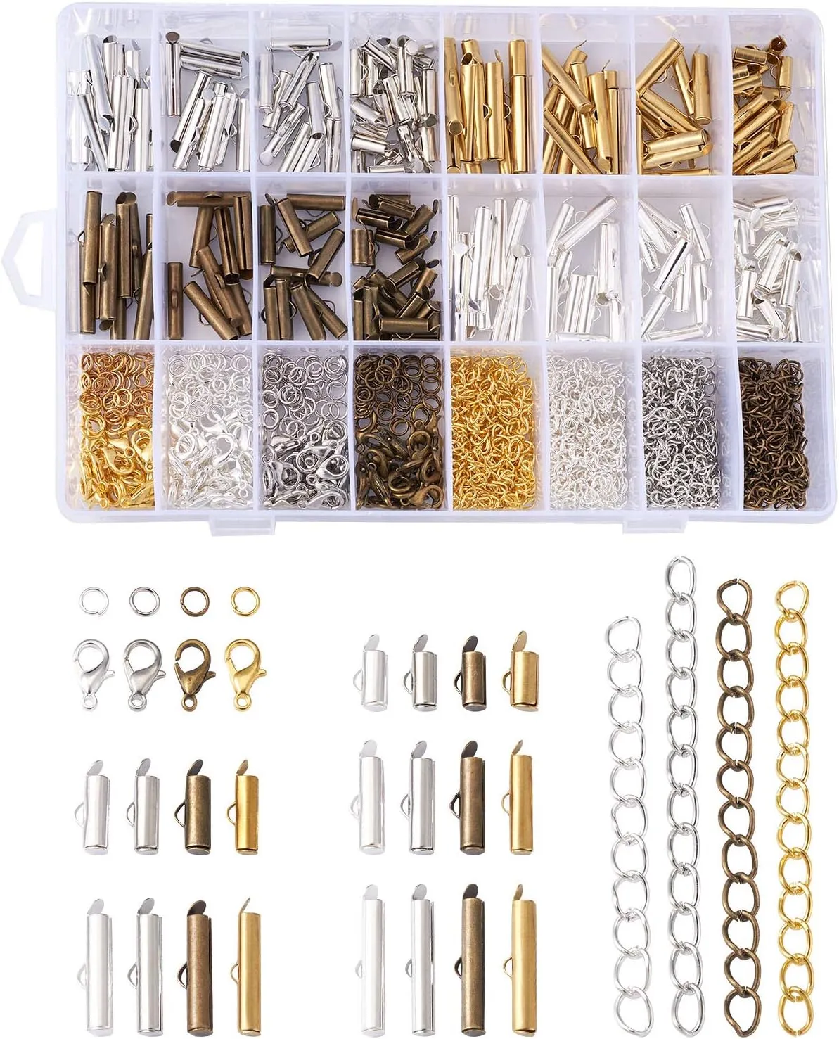 Craftdady 200pcs 4 Colors Slide On End Clasps Tubes 5 Sizes Brass Slider End Caps with Lobster Claw Clasps Twisted Extender Chains Jump Rings for Jewelry Craft Making 10mm/ 13mm/ 16mm/ 20mm/ 25mm
