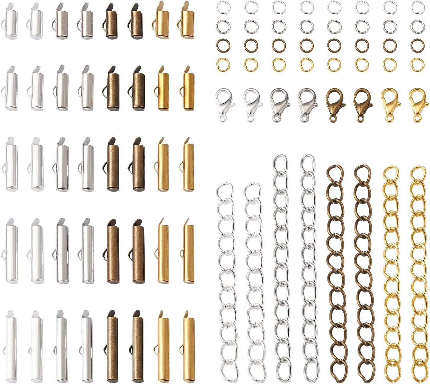 Craftdady 200pcs 4 Colors Slide On End Clasps Tubes 5 Sizes Brass Slider End Caps with Lobster Claw Clasps Twisted Extender Chains Jump Rings for Jewelry Craft Making 10mm/ 13mm/ 16mm/ 20mm/ 25mm