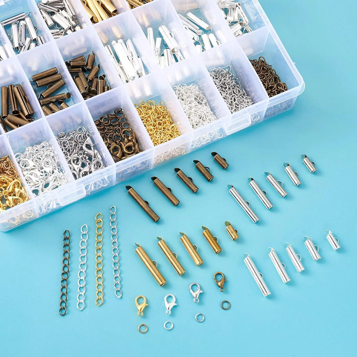 Craftdady 200pcs 4 Colors Slide On End Clasps Tubes 5 Sizes Brass Slider End Caps with Lobster Claw Clasps Twisted Extender Chains Jump Rings for Jewelry Craft Making 10mm/ 13mm/ 16mm/ 20mm/ 25mm