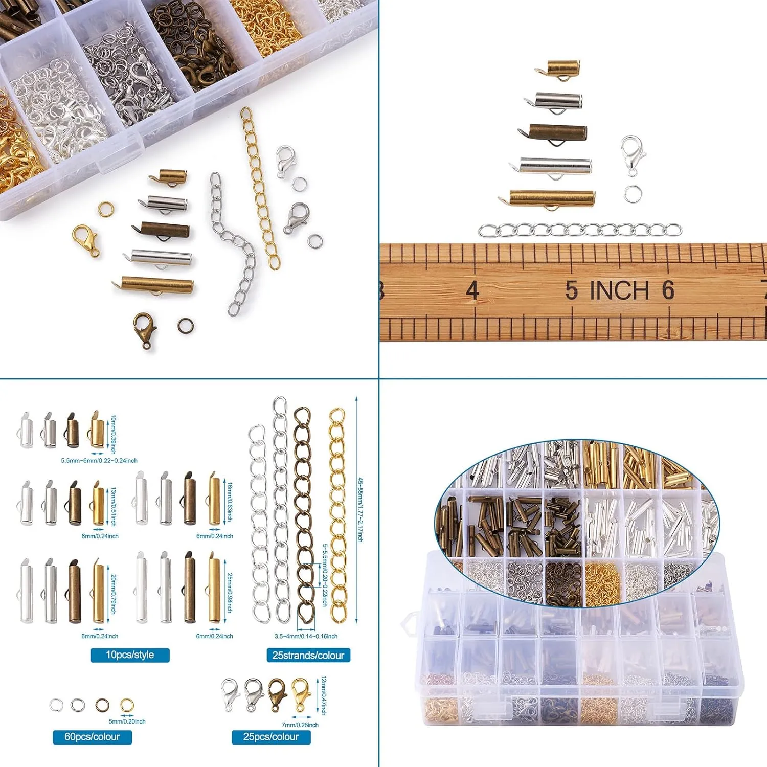 Craftdady 200pcs 4 Colors Slide On End Clasps Tubes 5 Sizes Brass Slider End Caps with Lobster Claw Clasps Twisted Extender Chains Jump Rings for Jewelry Craft Making 10mm/ 13mm/ 16mm/ 20mm/ 25mm