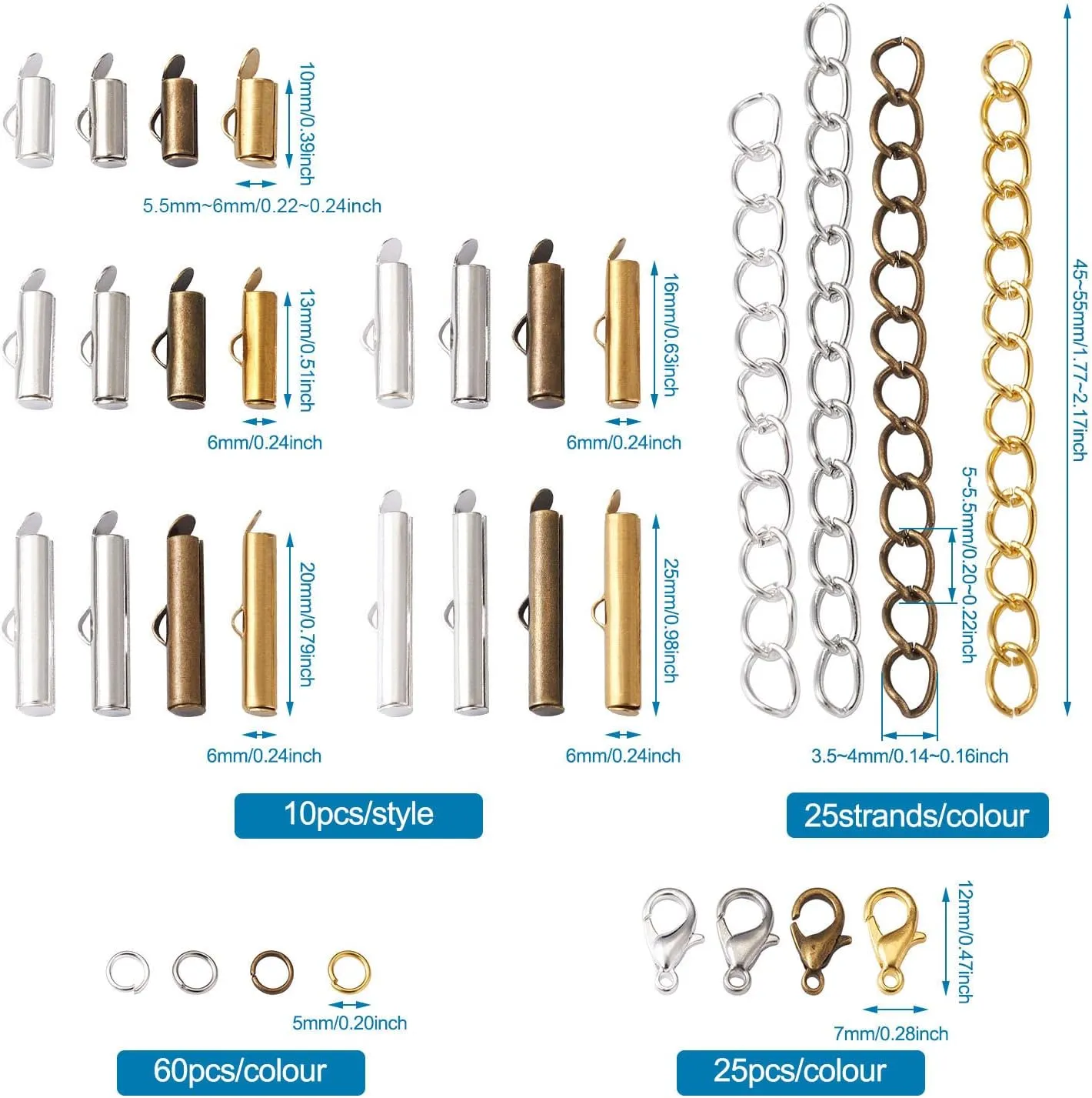 Craftdady 200pcs 4 Colors Slide On End Clasps Tubes 5 Sizes Brass Slider End Caps with Lobster Claw Clasps Twisted Extender Chains Jump Rings for Jewelry Craft Making 10mm/ 13mm/ 16mm/ 20mm/ 25mm