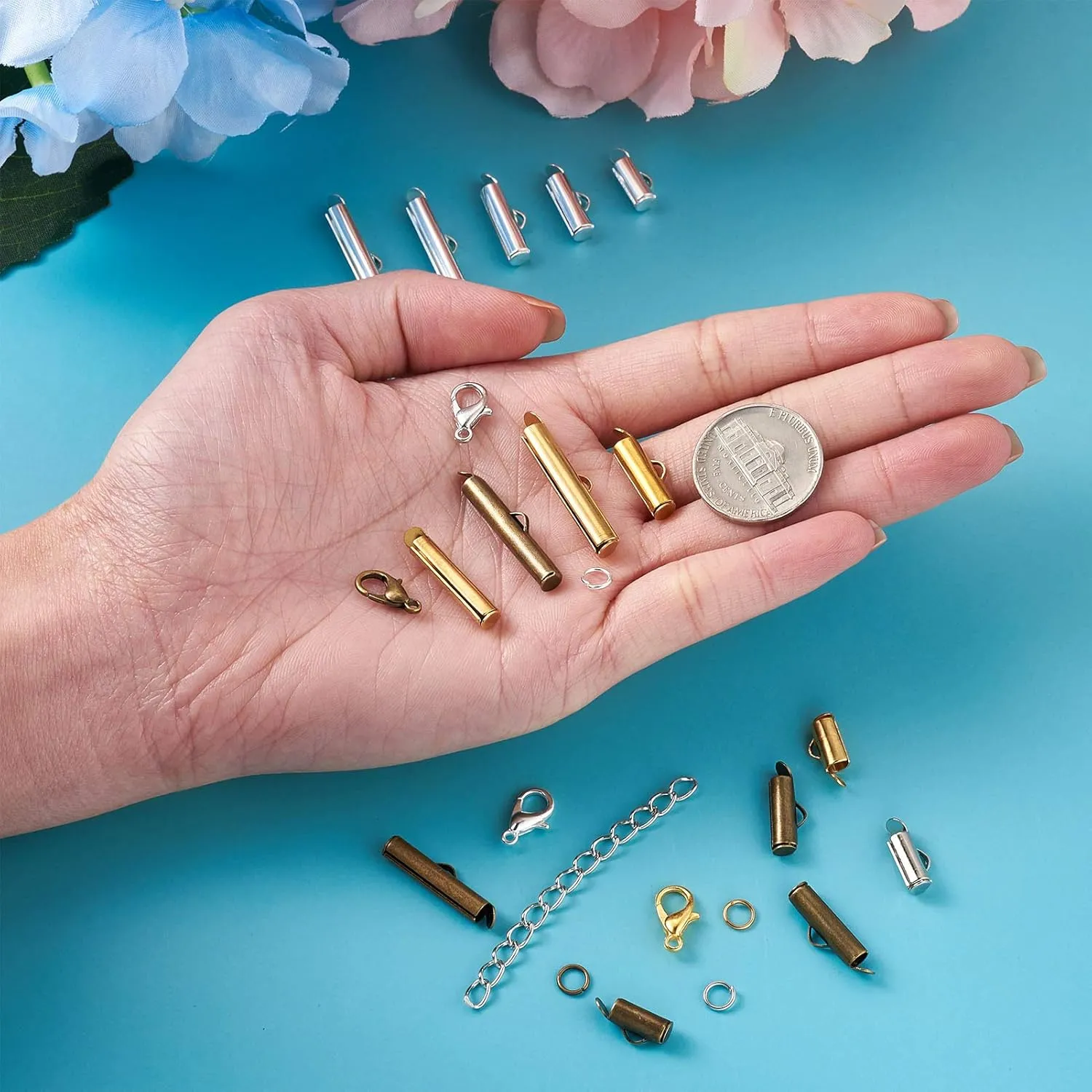 Craftdady 200pcs 4 Colors Slide On End Clasps Tubes 5 Sizes Brass Slider End Caps with Lobster Claw Clasps Twisted Extender Chains Jump Rings for Jewelry Craft Making 10mm/ 13mm/ 16mm/ 20mm/ 25mm