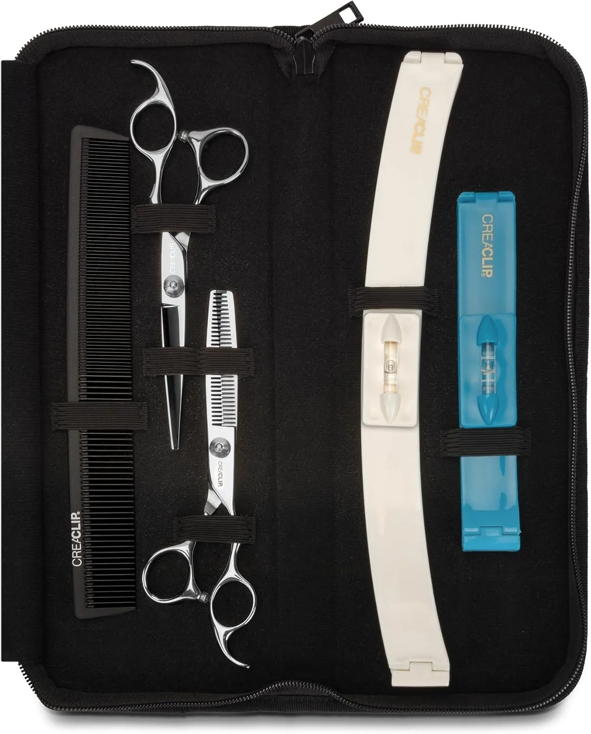 CreaProducts Original CreaClip Case and Hair Scissors, Hair Cutting Tool Hair Cutting Shears Thinning Scissors Hair Comb for Layers Bangs Kids Hair Cut Hair Cutting Kit (Set of 5) (CC043)