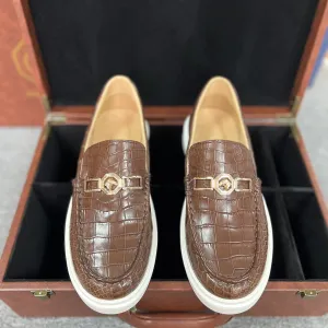 Crocodile Shape Shoes: Men's Genuine Brown Crocodile Leather Slip-On Loafer Bit Shoes