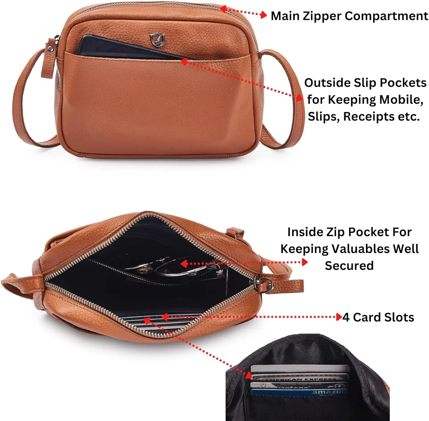 Crossbody Sling Bag for Women Trendy Real Leather Purse Mini Soft Pebbled Crossover with Card Case