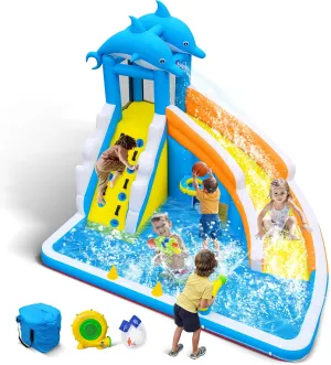Culaluva Inflatable Water Slide for Kids: 5 in 1 Dolphin Blow up Bounce House - Splash Pool Cannon Climbing Wall Basketball Rim 480W Blower - for Backyard Outdoor Birthday Party