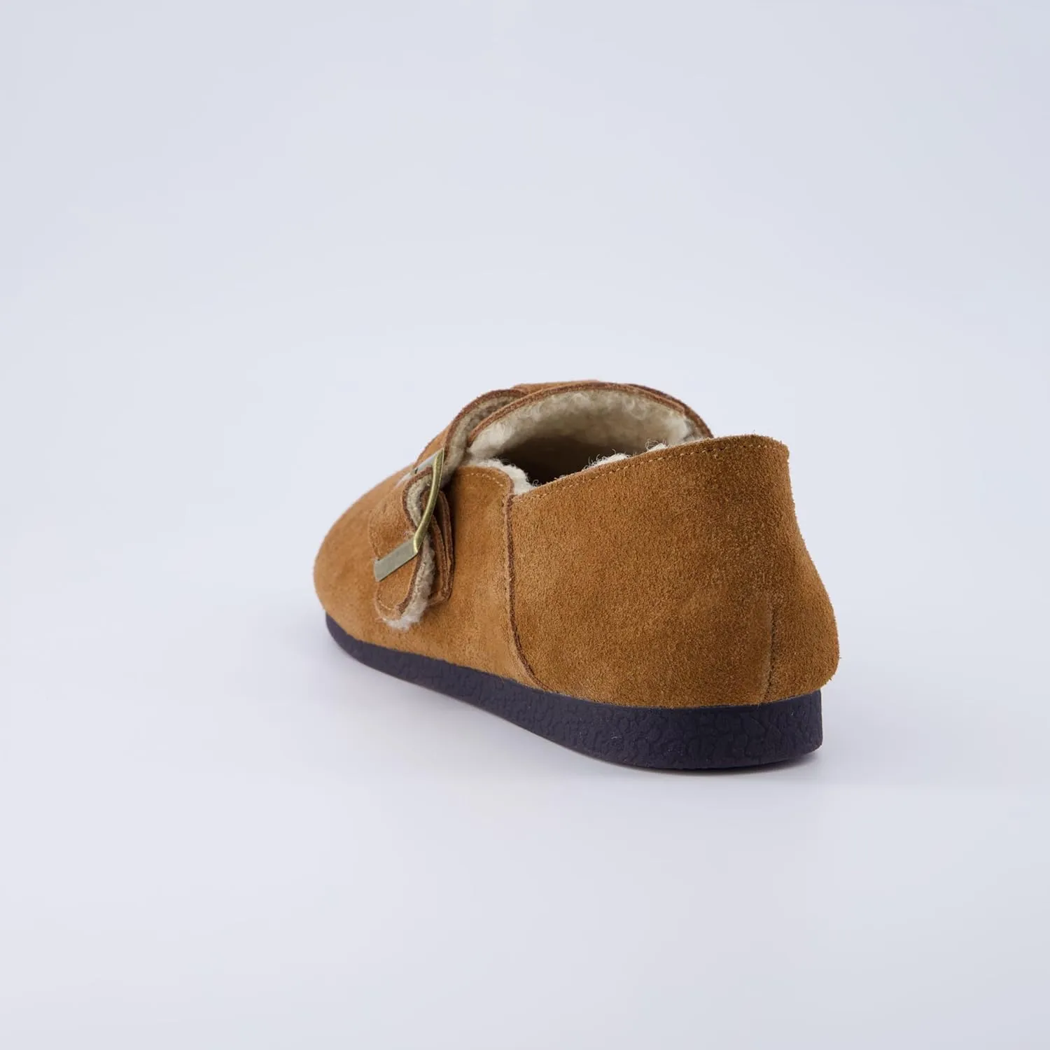 CUSHIONAIRE Women's Nest Genuine Suede Slip-On Shoe with Faux Shearling Lining & Memory Foam | Adjustable Buckle & Non-Slip Sole