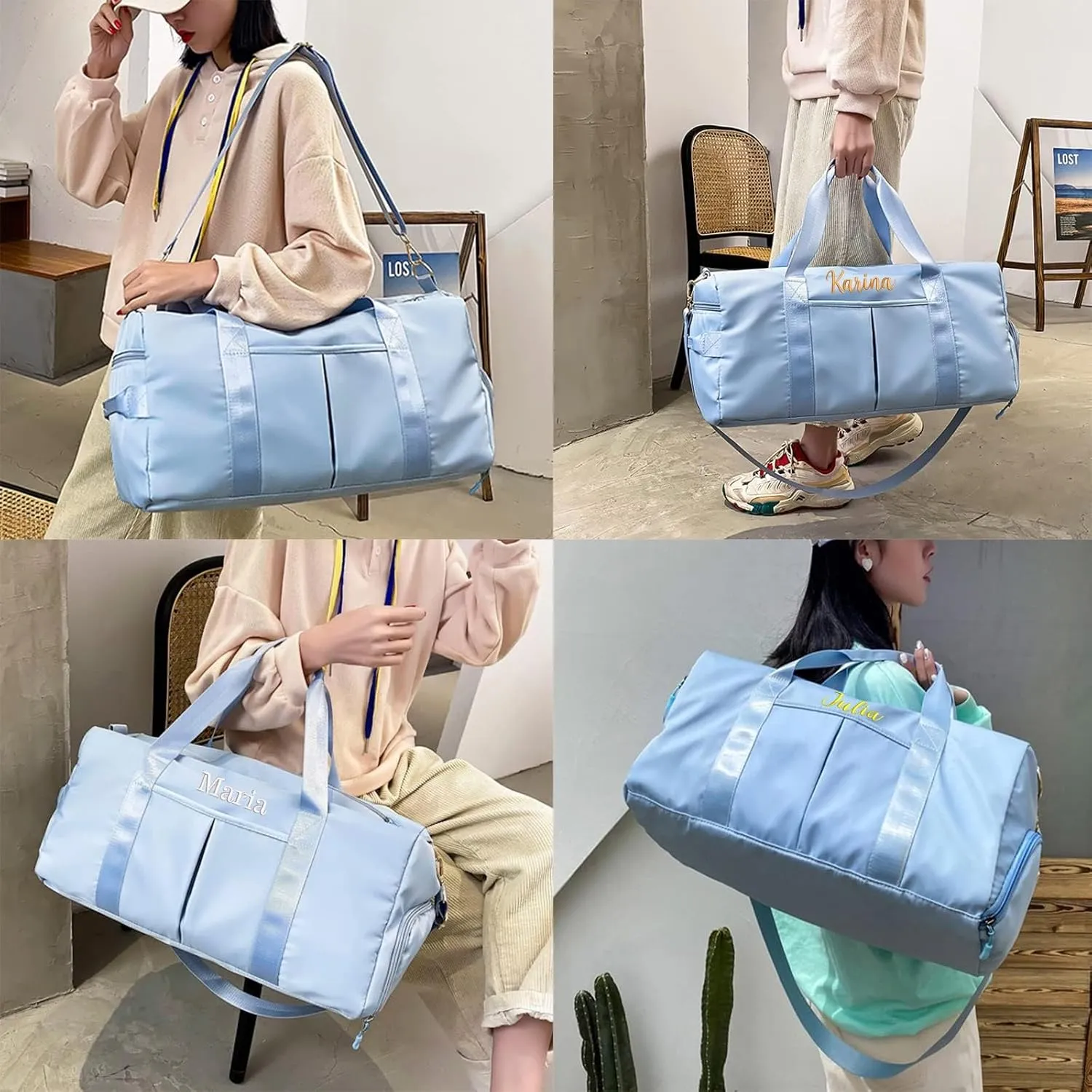 Customized Large Capacity Travel Duffle Bag with Embroidery Name,Wet Dry Pockets & Shoe Compartment,Ideal for Weekend Getaways,Long Trips,Groomsman,Bridesmaid (Baby blue)
