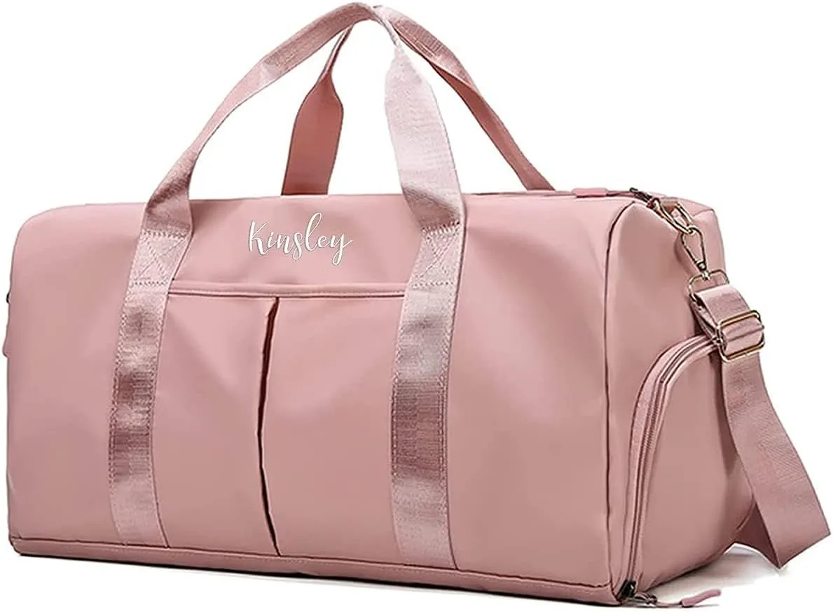 Customized Large Capacity Travel Duffle Bag with Embroidery Name,Wet Dry Pockets & Shoe Compartment,Ideal for Weekend Getaways,Long Trips,Groomsman,Bridesmaid (Pink)