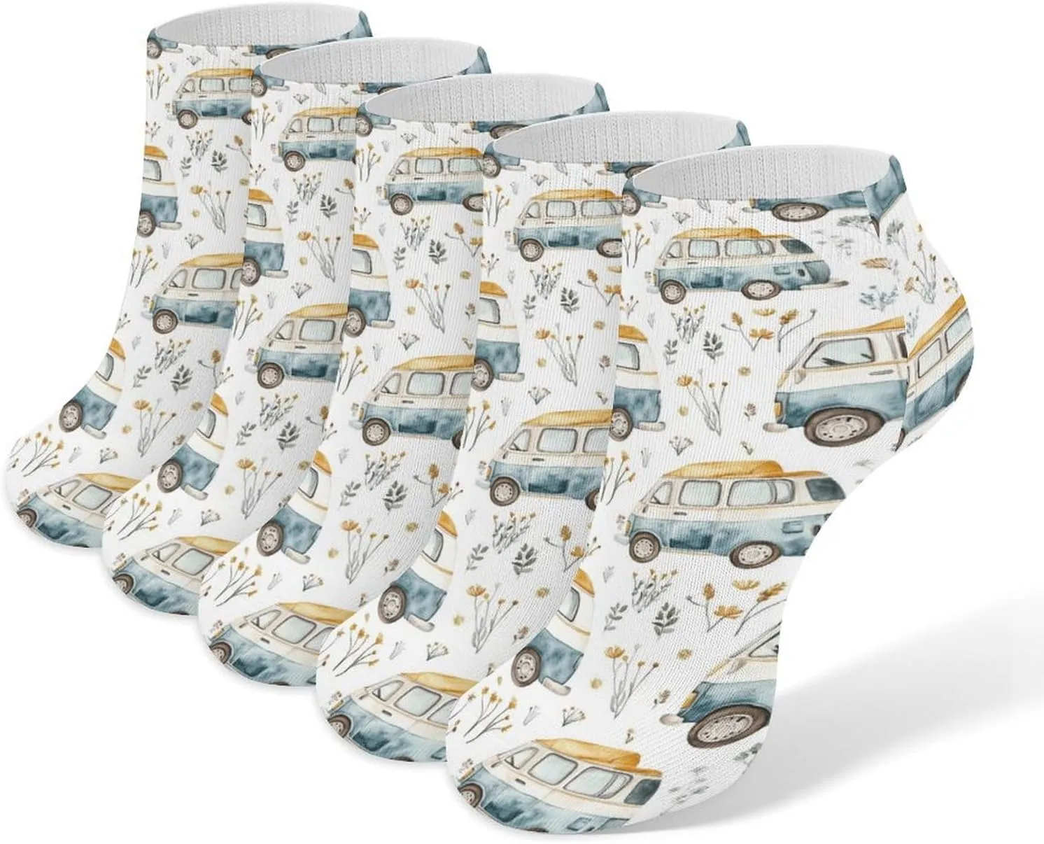 Cute Campervan RV Vehicle Ankle No Show Socks Soft Loafer Socks Low Cut Non Slip Flat Sock 5 PC