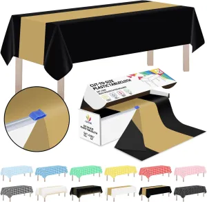 CXPSINC Plastic Table Cover Roll with Slide Cutter, Disposable Tablecloth Roll for Picnic, Party, Banquet, Birthdays, Weddings (Black & Gold, 54 Inch X 100 Feet)