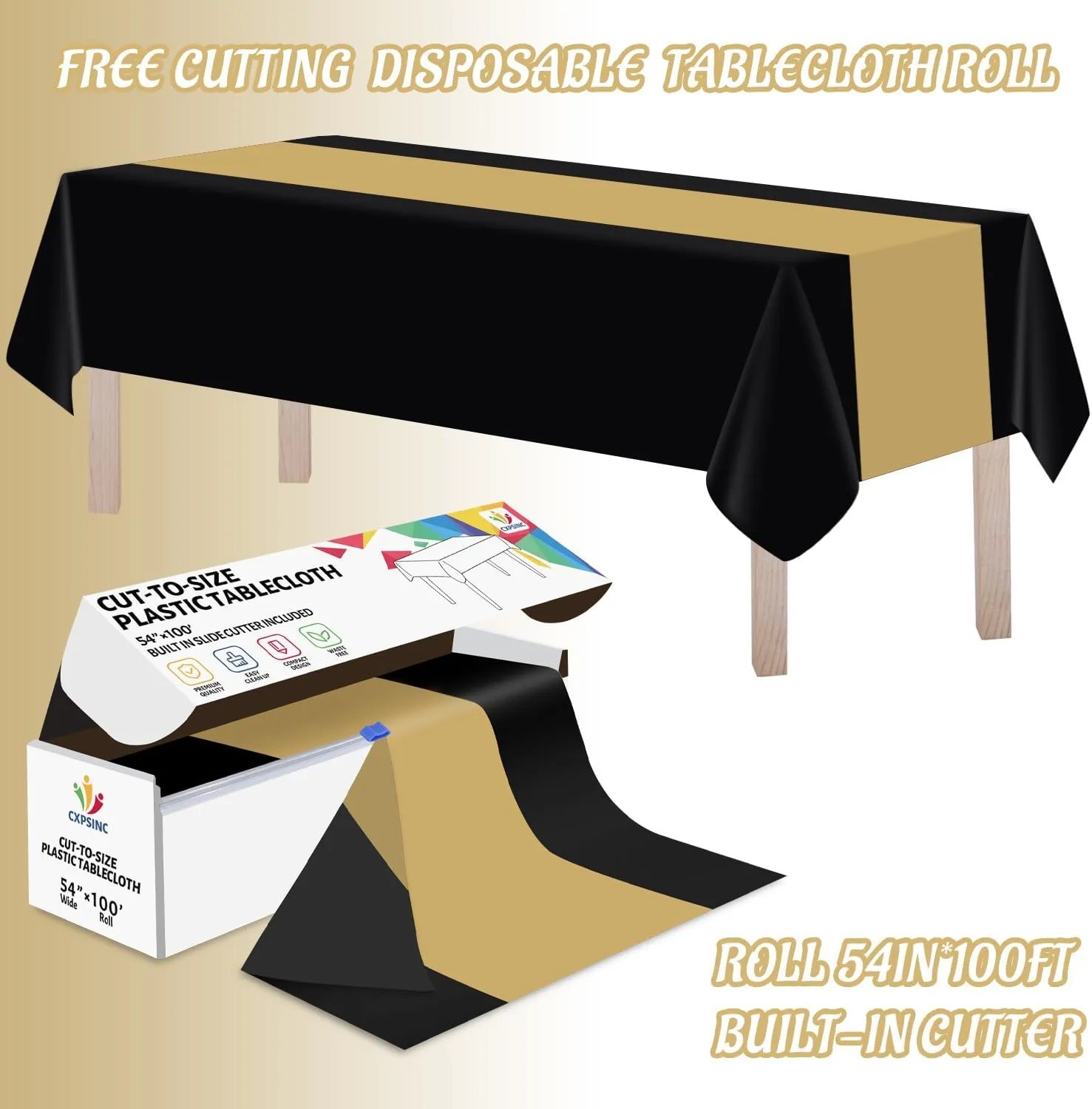 CXPSINC Plastic Table Cover Roll with Slide Cutter, Disposable Tablecloth Roll for Picnic, Party, Banquet, Birthdays, Weddings (Black & Gold, 54 Inch X 100 Feet)
