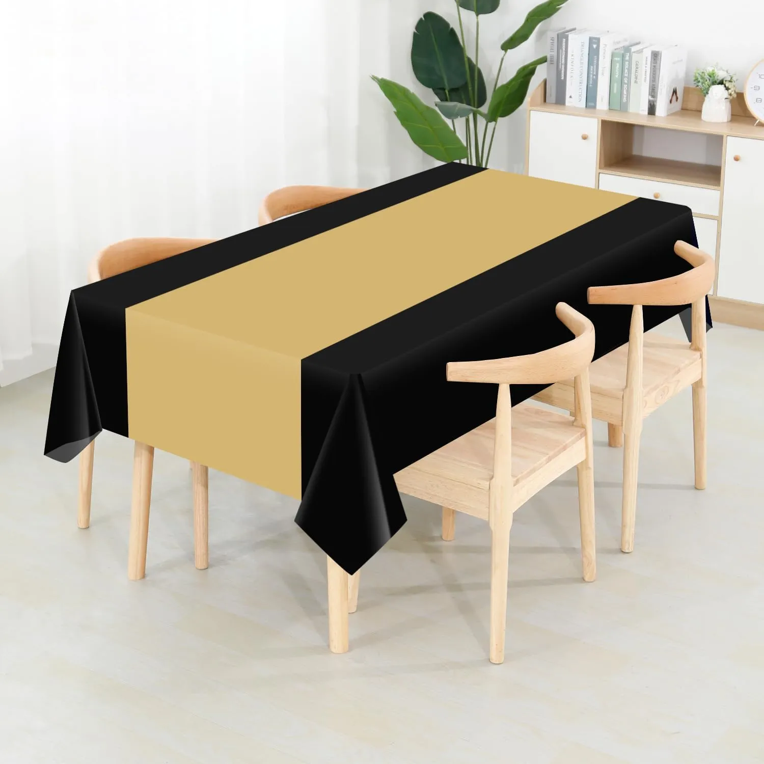 CXPSINC Plastic Table Cover Roll with Slide Cutter, Disposable Tablecloth Roll for Picnic, Party, Banquet, Birthdays, Weddings (Black & Gold, 54 Inch X 100 Feet)