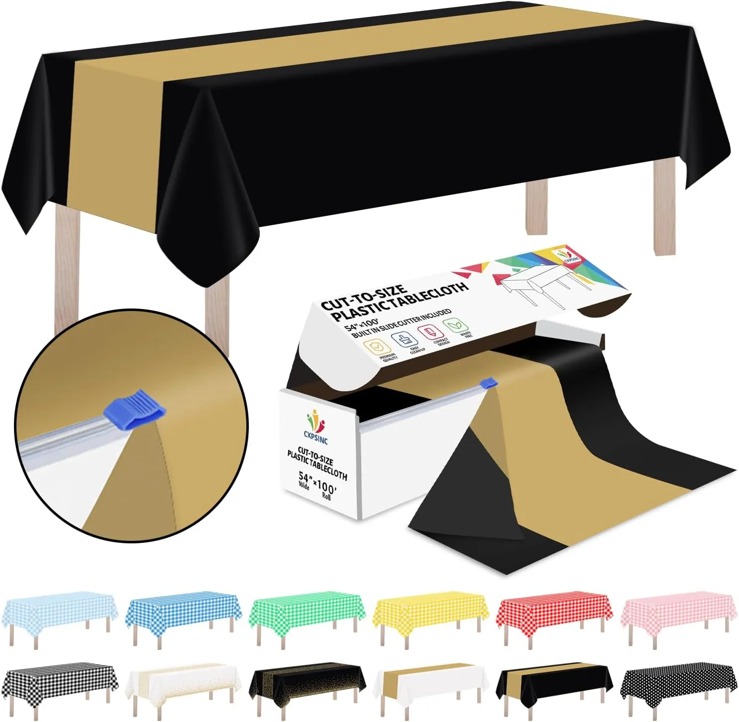 CXPSINC Plastic Table Cover Roll with Slide Cutter, Disposable Tablecloth Roll for Picnic, Party, Banquet, Birthdays, Weddings (Black & Gold, 54 Inch X 100 Feet)