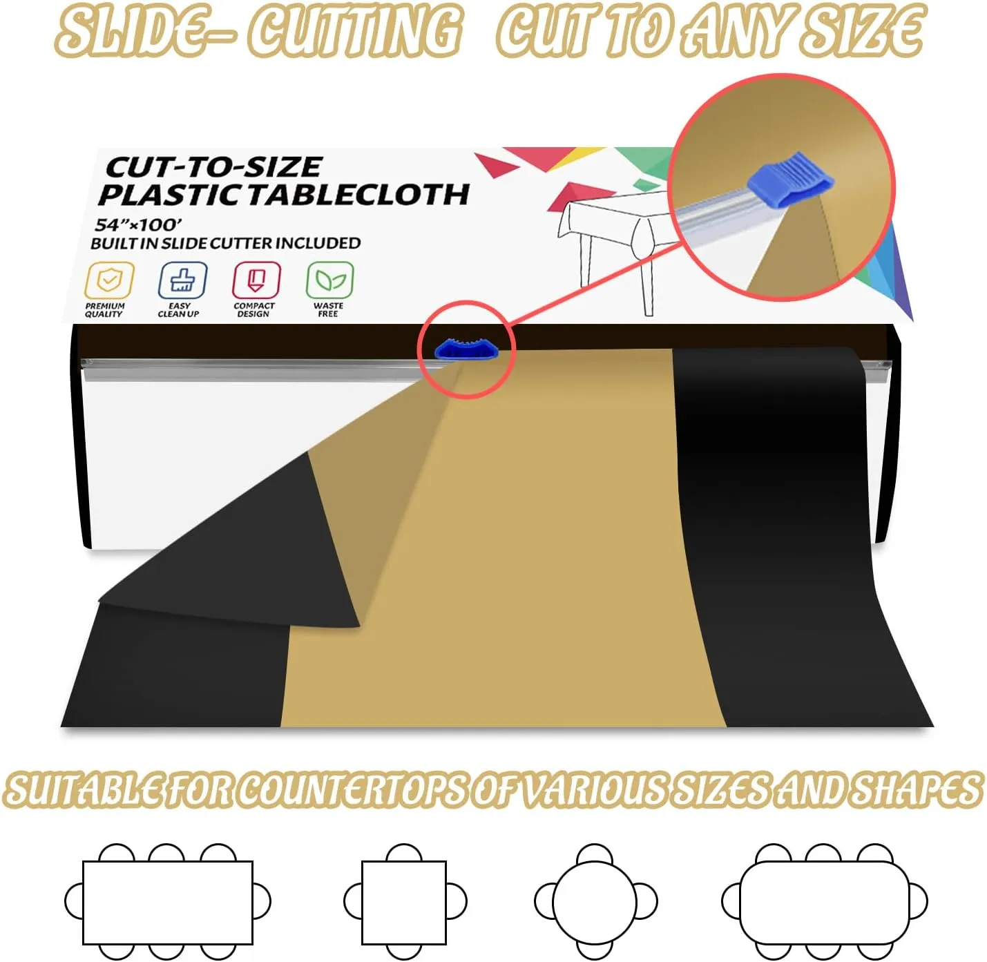 CXPSINC Plastic Table Cover Roll with Slide Cutter, Disposable Tablecloth Roll for Picnic, Party, Banquet, Birthdays, Weddings (Black & Gold, 54 Inch X 100 Feet)
