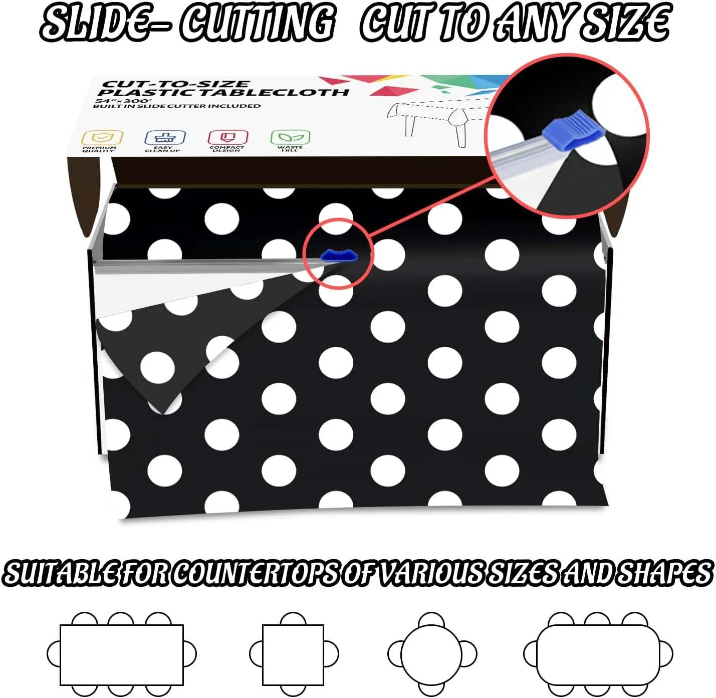 CXPSINC Plastic Table Cover Roll with Slide Cutter, Disposable Tablecloth Roll for Picnic, Party, Banquet, Birthdays, Weddings (Black & White Dot, 54 Inch X 300 Feet)