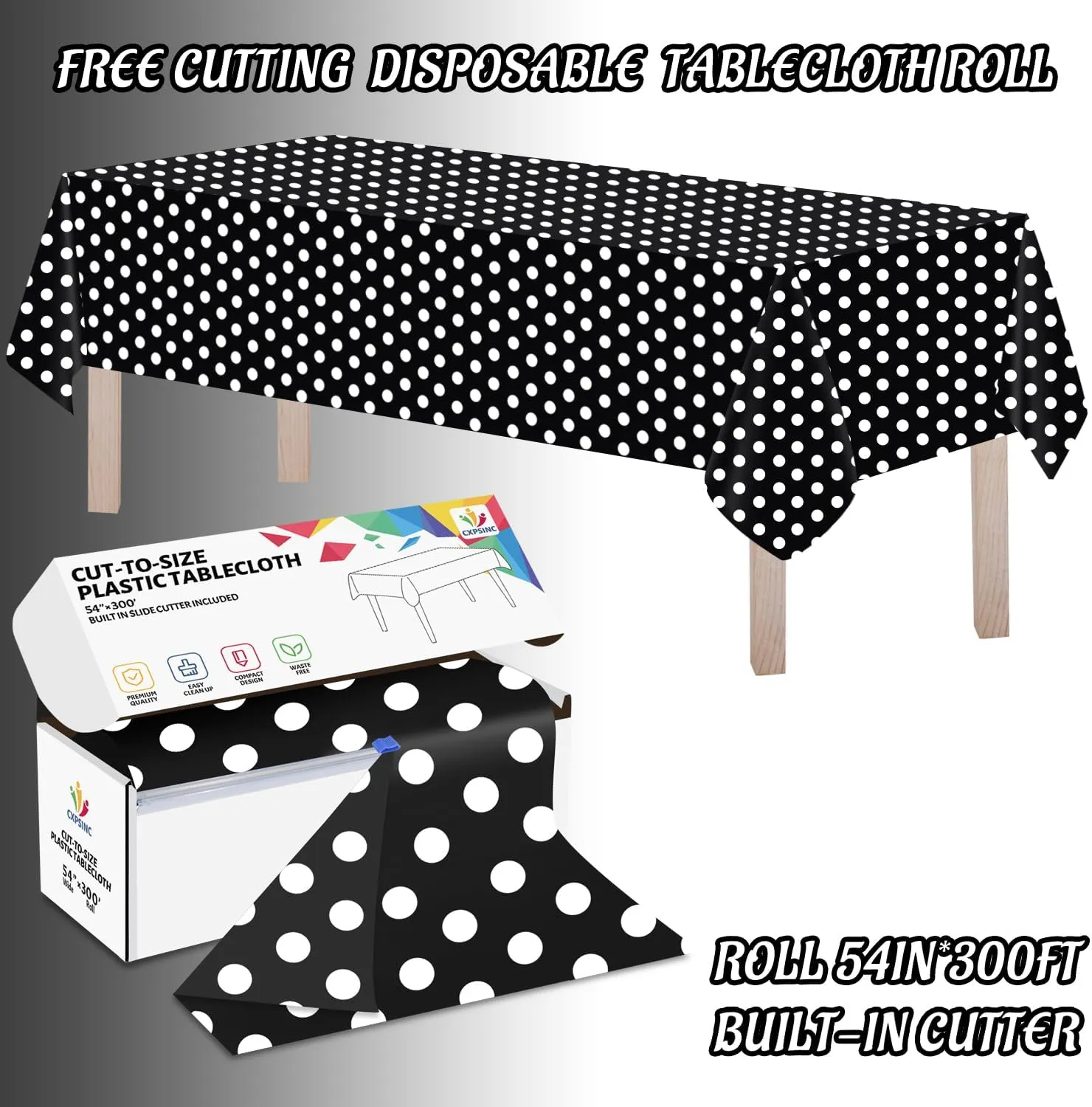 CXPSINC Plastic Table Cover Roll with Slide Cutter, Disposable Tablecloth Roll for Picnic, Party, Banquet, Birthdays, Weddings (Black & White Dot, 54 Inch X 300 Feet)