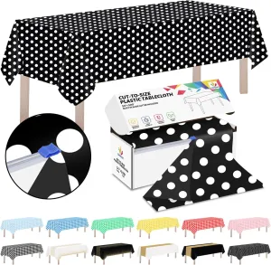 CXPSINC Plastic Table Cover Roll with Slide Cutter, Disposable Tablecloth Roll for Picnic, Party, Banquet, Birthdays, Weddings (Black & White Dot, 54 Inch X 300 Feet)