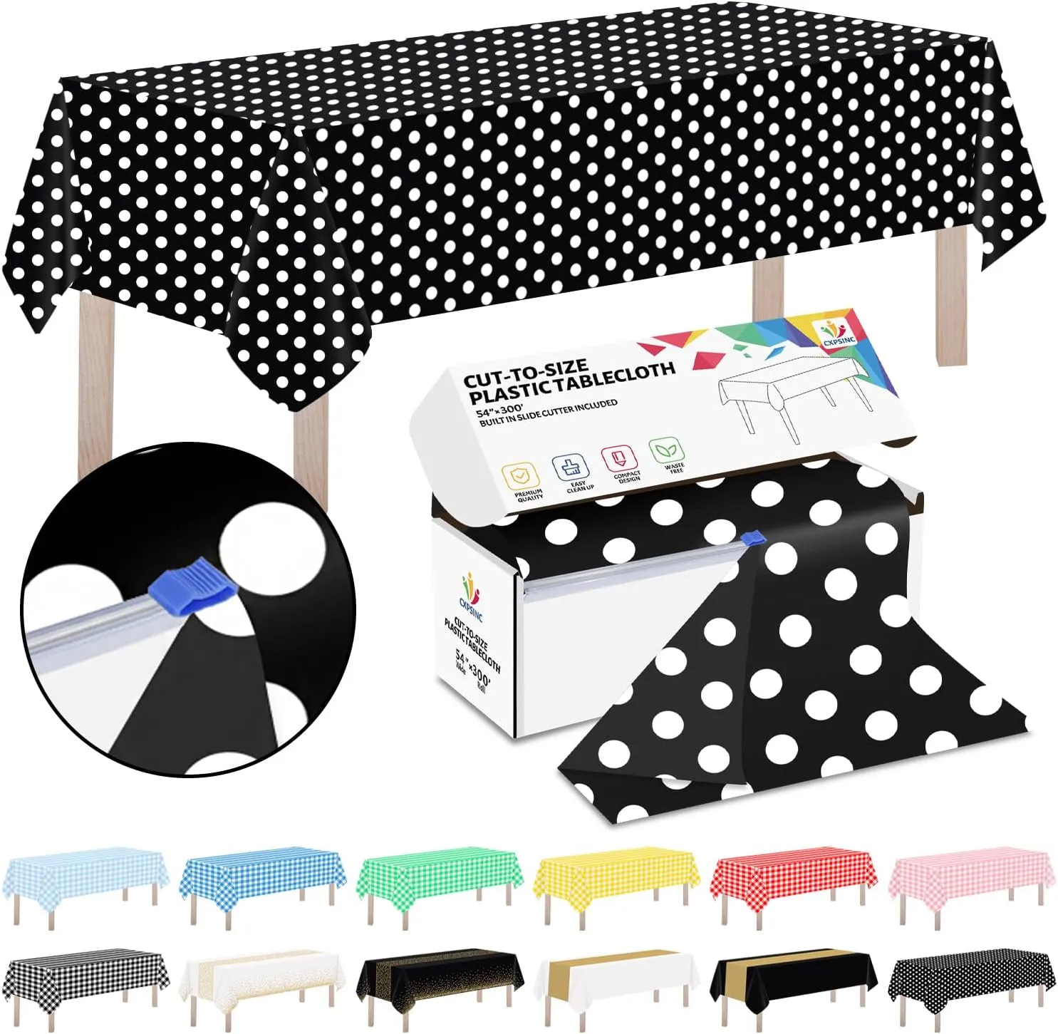 CXPSINC Plastic Table Cover Roll with Slide Cutter, Disposable Tablecloth Roll for Picnic, Party, Banquet, Birthdays, Weddings (Black & White Dot, 54 Inch X 300 Feet)