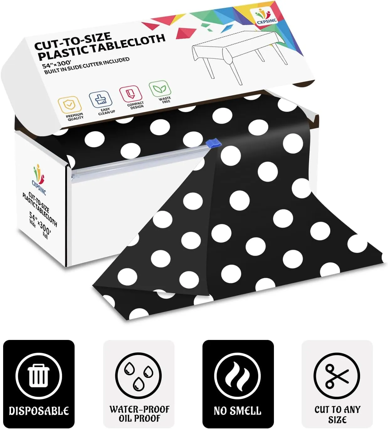CXPSINC Plastic Table Cover Roll with Slide Cutter, Disposable Tablecloth Roll for Picnic, Party, Banquet, Birthdays, Weddings (Black & White Dot, 54 Inch X 300 Feet)
