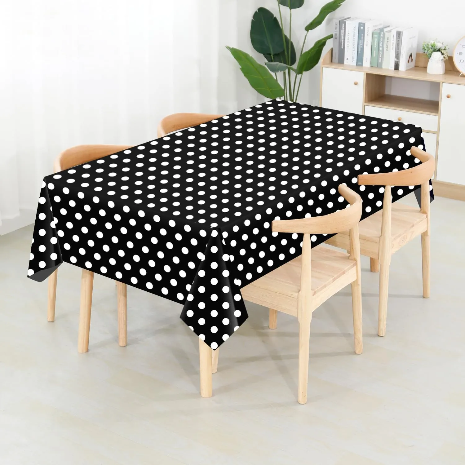CXPSINC Plastic Table Cover Roll with Slide Cutter, Disposable Tablecloth Roll for Picnic, Party, Banquet, Birthdays, Weddings (Black & White Dot, 54 Inch X 300 Feet)