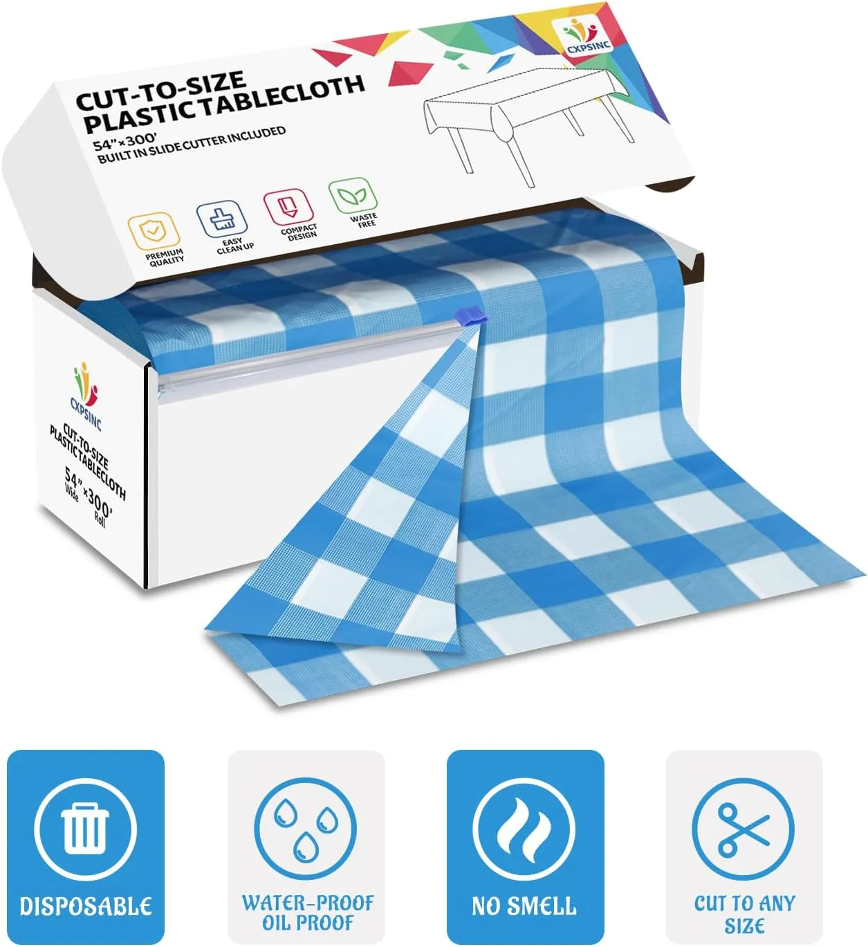 CXPSINC Plastic Table Cover Roll with Slide Cutter, Disposable Tablecloth Roll for Picnic, Party, Banquet, Birthdays, Weddings (Blue Checkered, 54 Inch X 300 Feet)